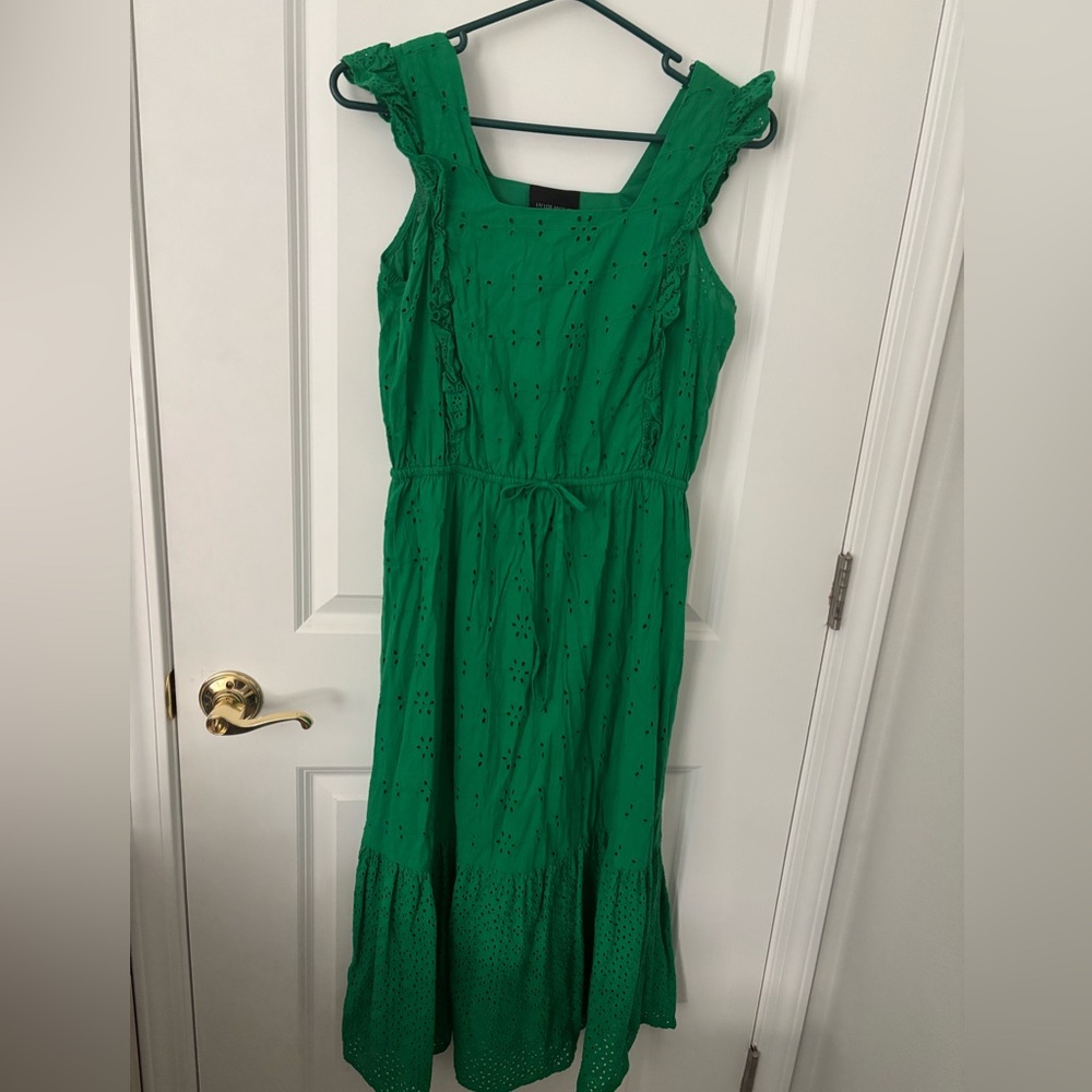 Liv Los Angeles Kelly Green Eyelet Sleeveless Ruffle Midi Dress